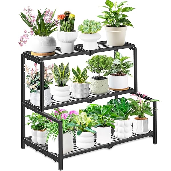 VEYFOLZIN.ST 3 TIER STAIR STYLE METAL PLANT STAND FOR INDOOR OUTDOOR, HEAVY DUTY PLANT DISPLAY SHELF FOR MULTIPLE PLANTS, GARDEN RACK FLOWER POT HOLDER FOR LIVING ROOM PATIO BALCONY