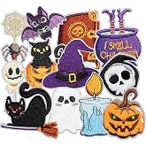 HEYTRCO 12PCS Halloween Witch Iron on Patches, Cute Ghost Cat Skull Bat Spider Cauldron Embroidered Applique for Clothes, Custom Holiday Patches for Hats, Jackets, Bags, Backpacks, Dress