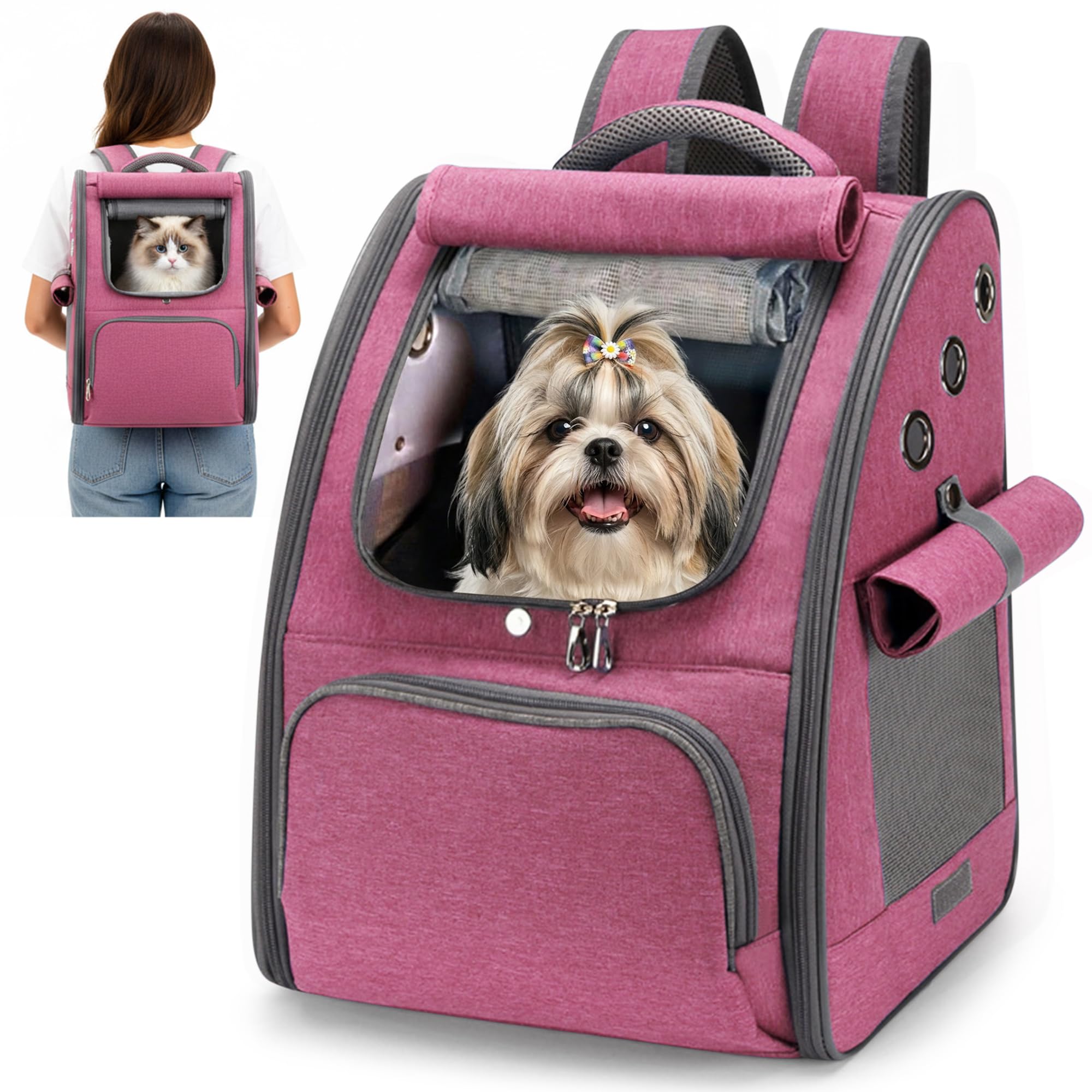 ALLSOPETS Cat Carrier Backpack, Foldable Breathable Pet Carrier Bag with Sunshade Design for Cats and Small Dogs for Travel, Vet Visits, Outdoor Walks (Berry Pink)