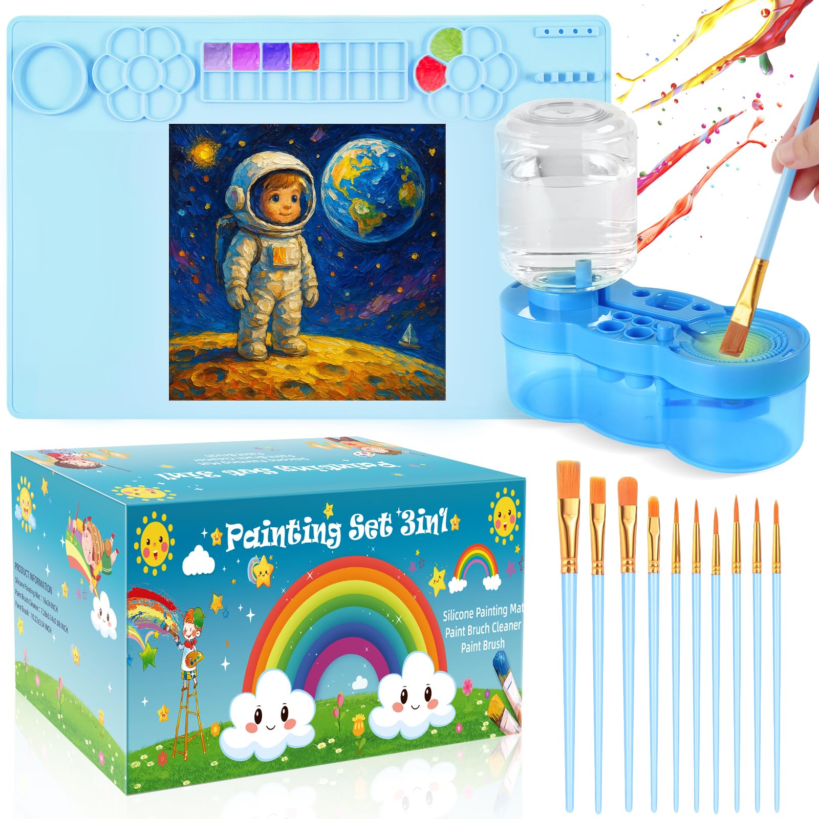 All-in-One Painting Station for Kids – 15.7"x23.6" Silicone Painting Mat with Brush Cleaner Tool and 10 Paint Brushes, Easy-to-Clean Art Supplies for Acrylic Painting and DIY Crafts (Blue)