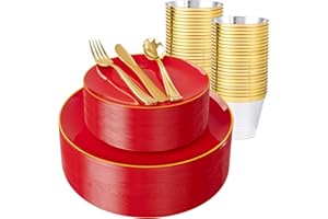 WDF 150Pcs Red Plastic Plates - Red Plates Disposable - 25Guest Christmas Dinnerware Include 25 Dinner Plate, 25 Dessert Plate, 75 Cutlery & 25 9oz Cups for Christmas & Parties