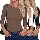 Ficerd 3 Pack Women's 3/4 Sleeve Boat Neck T Shirts Slim Fit Tight Basics Top Casual Comfy Tops