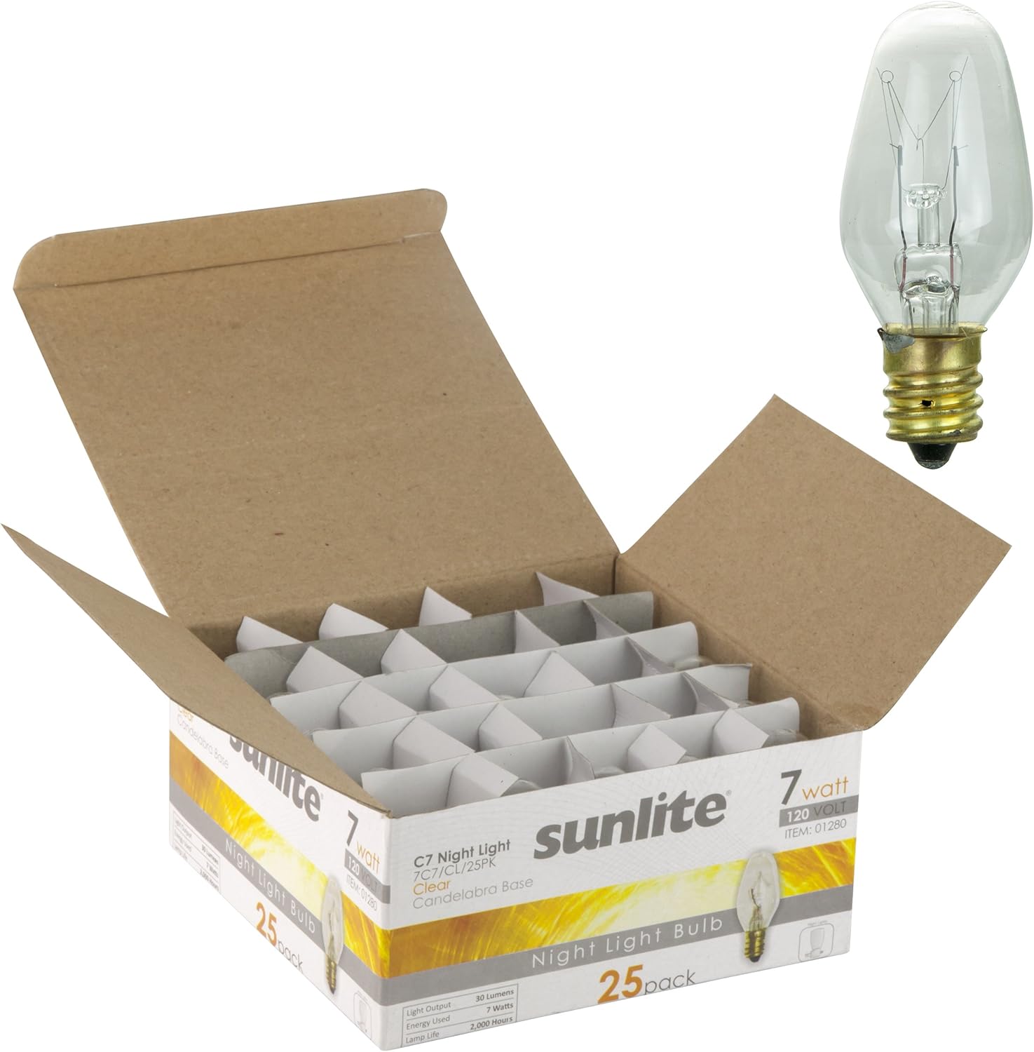 Sunlite 7C7/CL/25PK Incandescent 7Watt, Candelabra Based, C7 Night