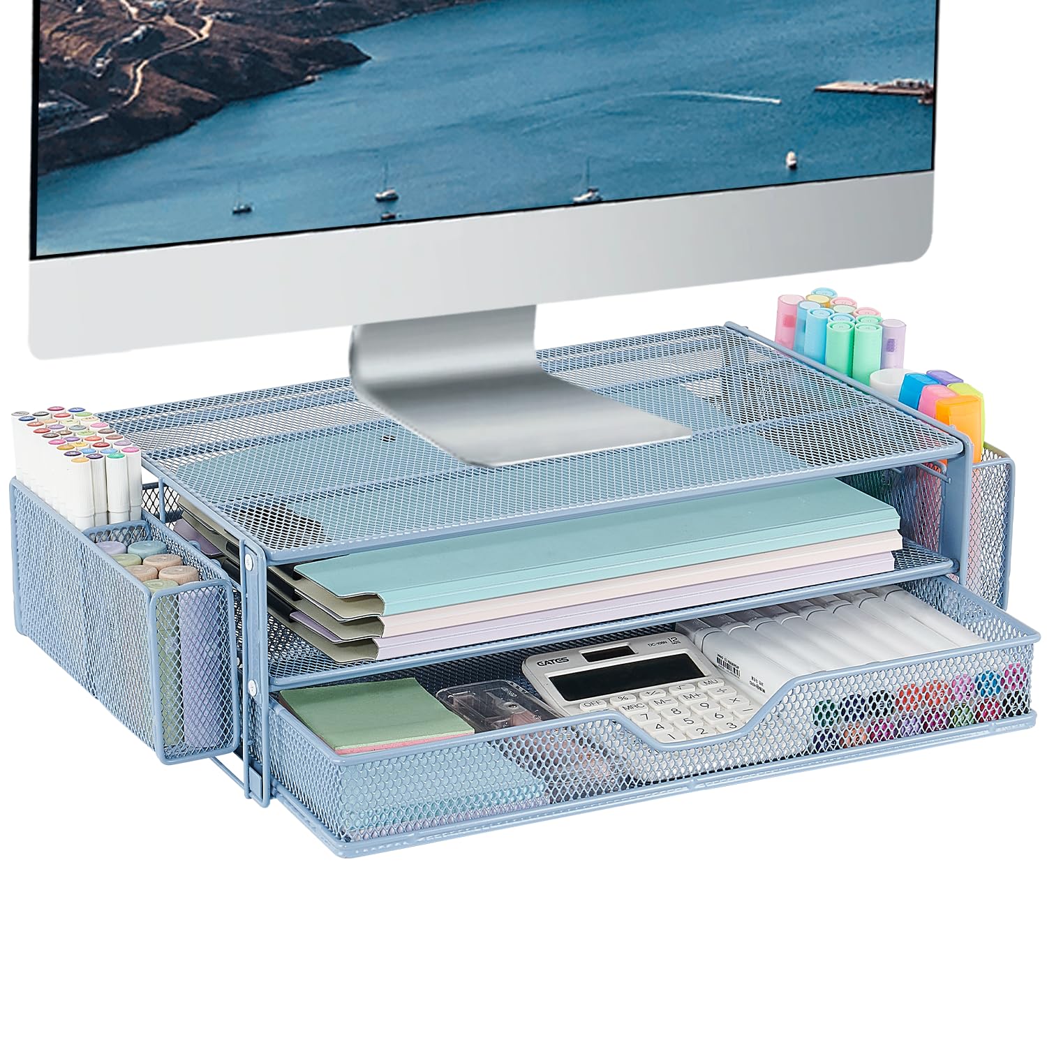Photo 1 of AUPSEN Computer Monitor Stands Riser?2-Tier Desk Organizers and Accessories, Office Desk Accessories Organizer with Drawers and 2 Pen Holder for Office Supplies (Blue)