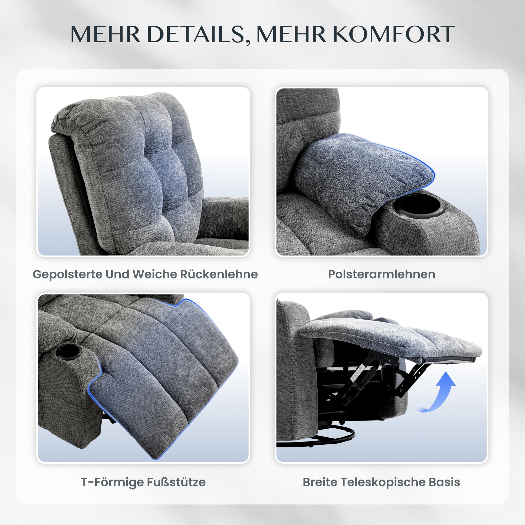 FLEXISPOT Elektrischer Relaxsessel, Massagesessel, Fernsehsessel, 360°drehbar, mit Heizfunktion, 8-Punkt-Massage, USB- und Type-C-Anschluss,105°-165° verstellbar, belastbar bis 200 kg, XR7(Grau) 5