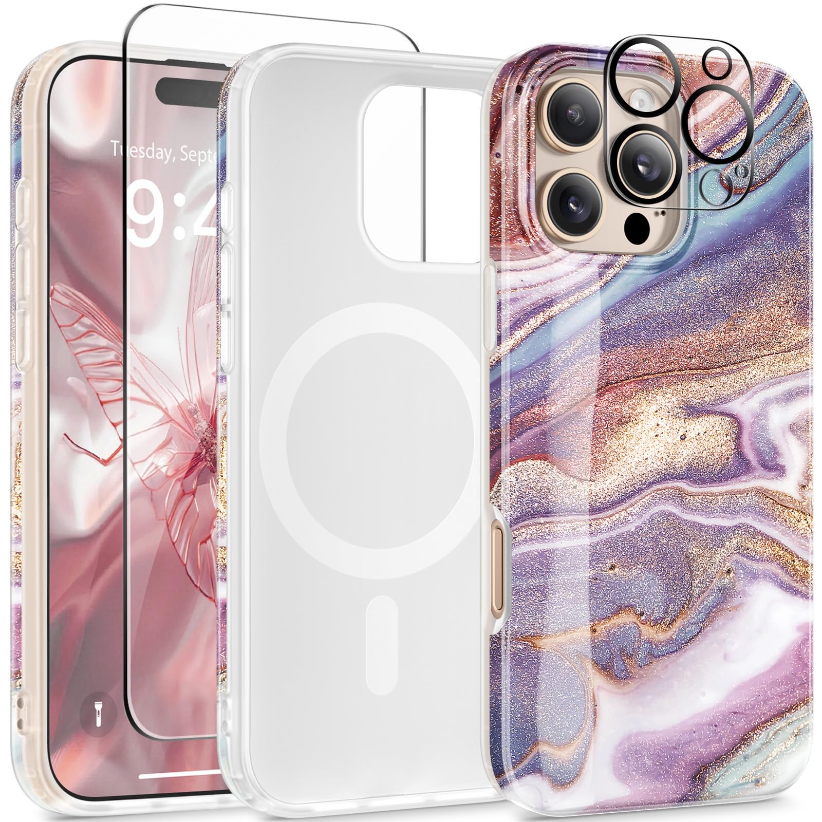 GVIEWIN Compatible with iPhone 16 Pro Case, [Compatible with MagSafe] Shockproof Magnetic Marble Slim Bumper Protective Phone Cover for Women Girls 2024 6.3", Flowing Sakura/Pink