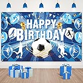 Blue Soccer Happy Birthday Banner - Large Sport Football Birthday Backdrop Background Photo Booth Props for Soccer Ball Theme Party Decorations