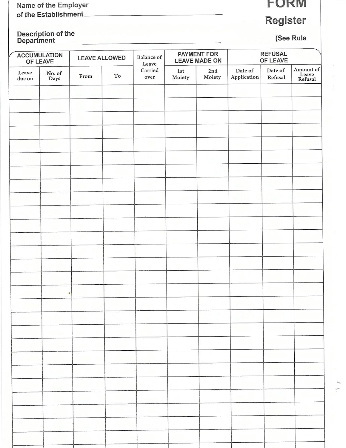Leave Book Register Form M [Big] Rule 20(4) Under Shop and