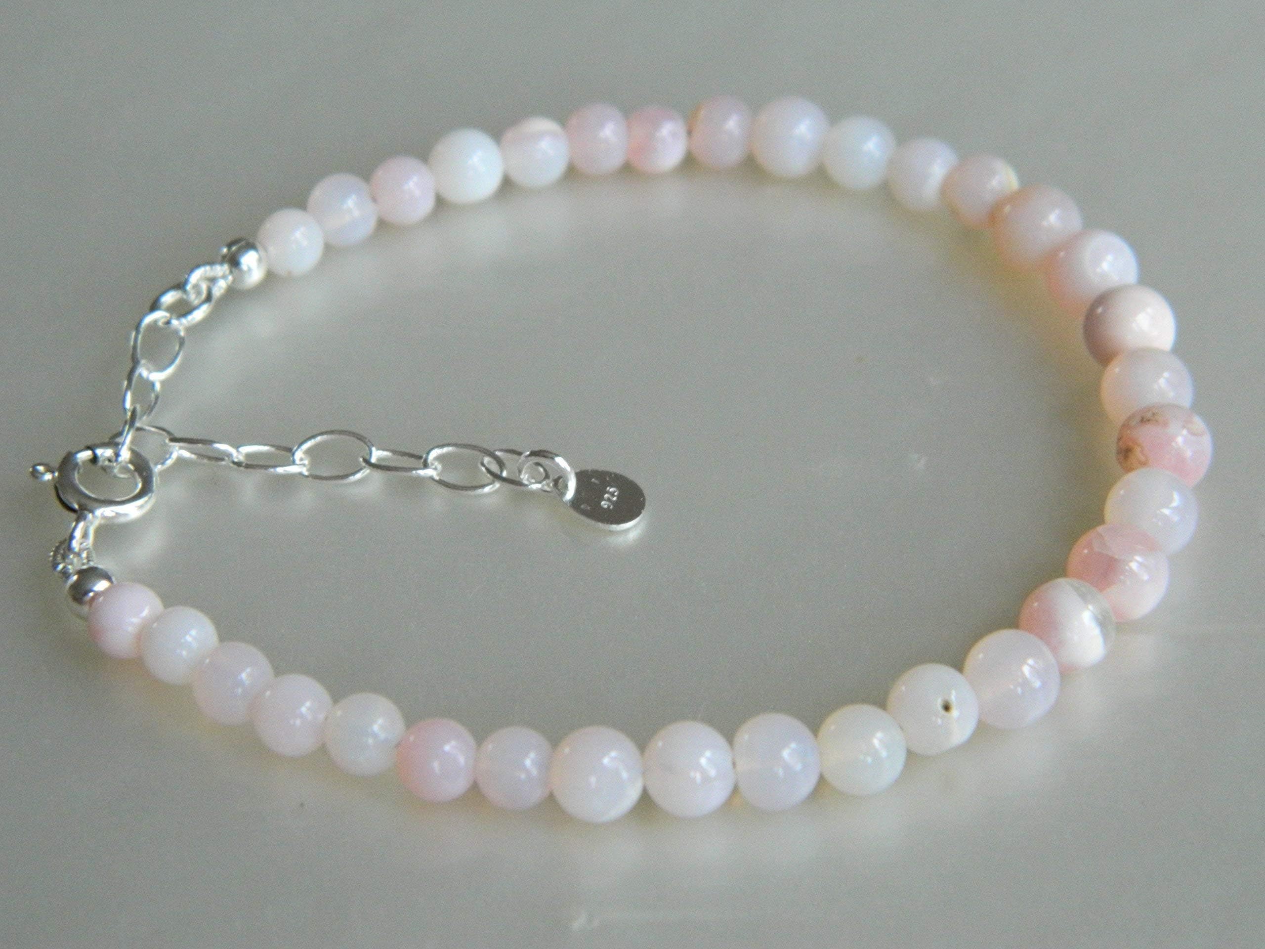 Sterling Silver Natural Pink Opal Gemstone Bead Bracelet