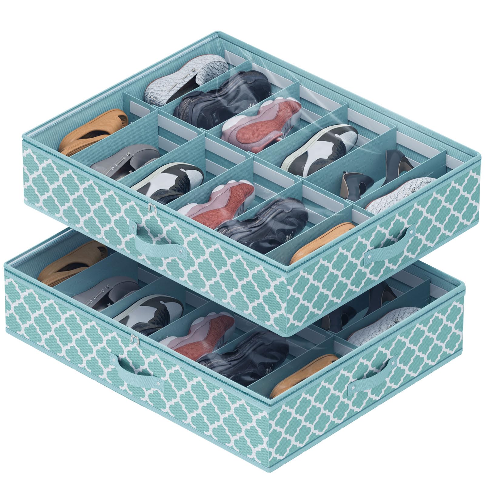 Photo 1 of Sturdy Under Bed Shoe Storage Organizer with Adjustable Compartments, Shoe Storage Container Boxes Bins Underbed for Closet, Fits 12-24 Pairs of Shoes, Boots (Blue)