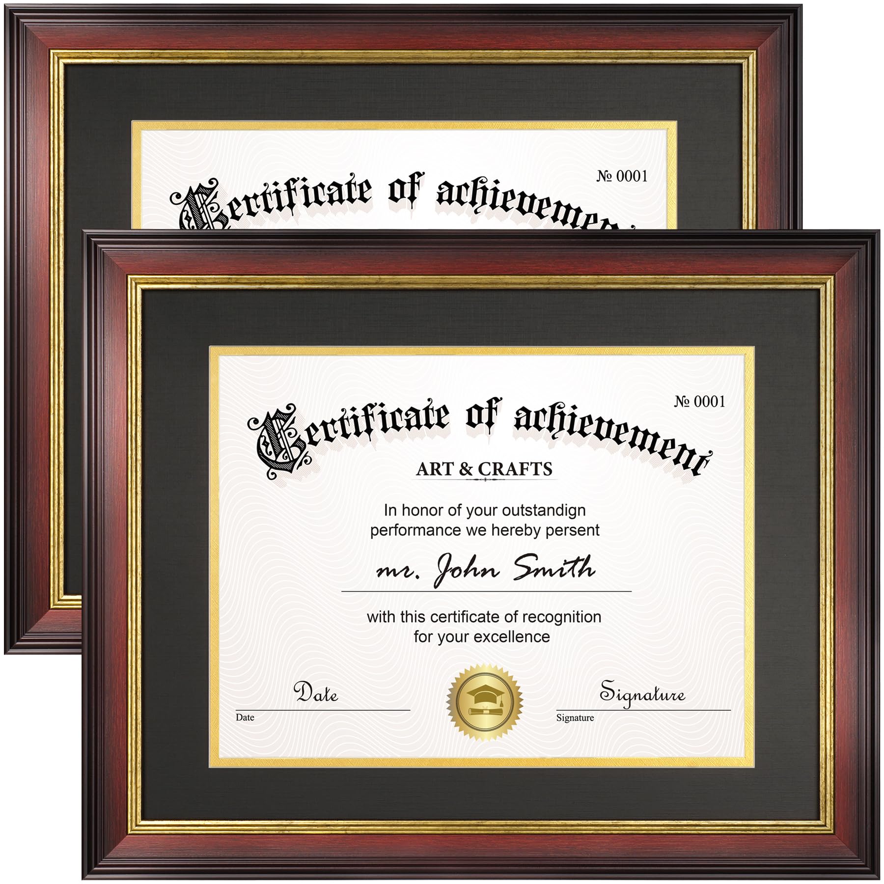 Photo 1 of Yaetm 11x14 Diploma Frame with Mat for 8.5x11 Certificate, Mahogany Document Frame with Black Over Gold Acid-free Mats & Tempered Glass, Tabletop or Wall Mount, 2 Pack, Mahogany/Black