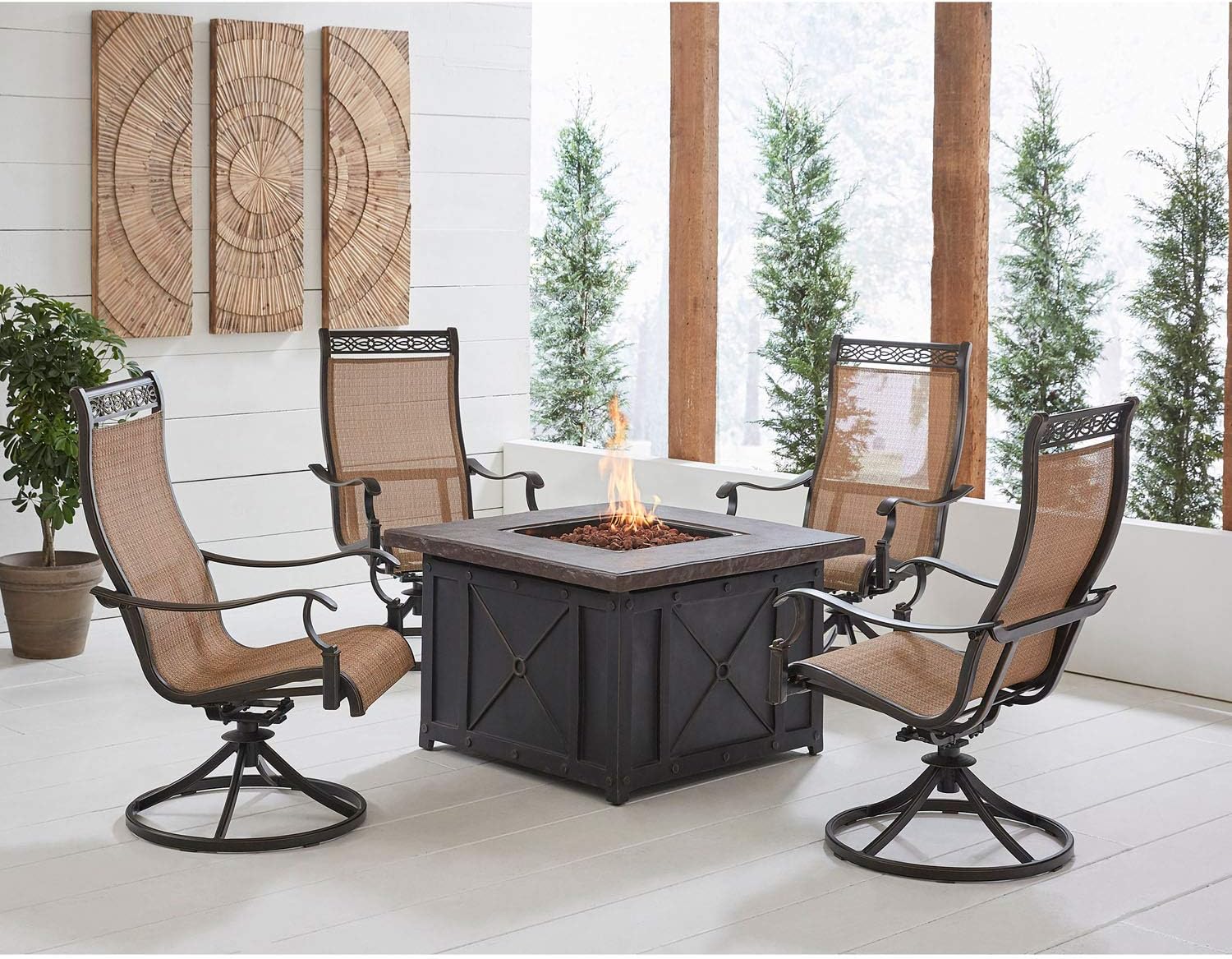 Hanover MON5PCSW4DFP Monaco 5-Piece Fire Pit Chat Set Outdoor Furniture, Tan