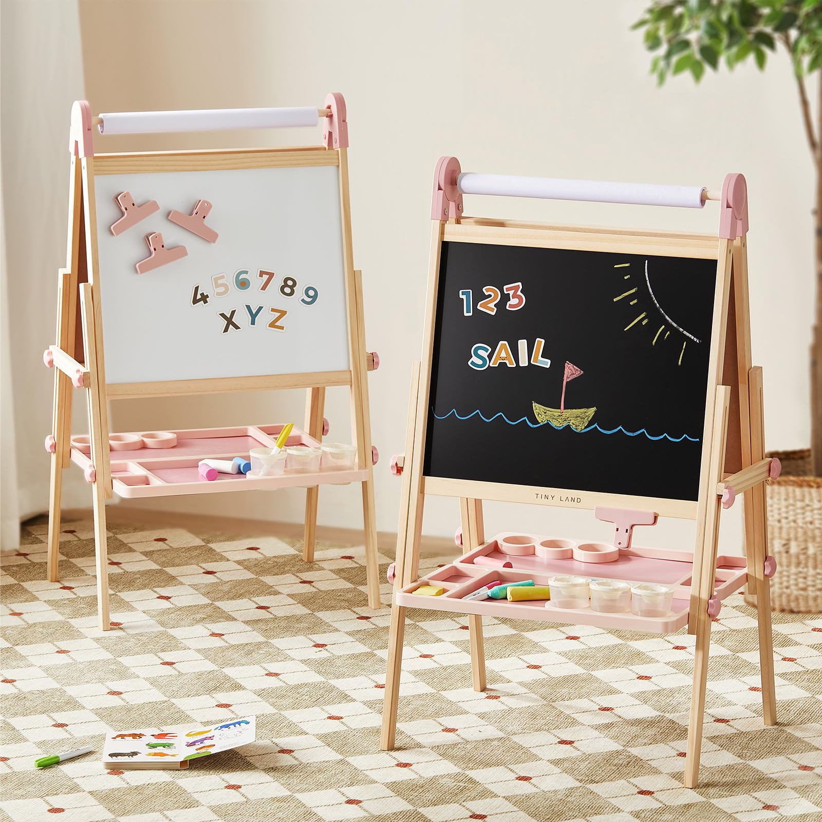 Photo 1 of Tiny Land Easel for Kids, Double-Sided Magnetic Easel with Drawing Accessories, Adjustable Wooden Kids Art Easel with Paper Roll, Learning-Toy for 3,4,5,6,7,8 Years Old Boy & Girls Pink
