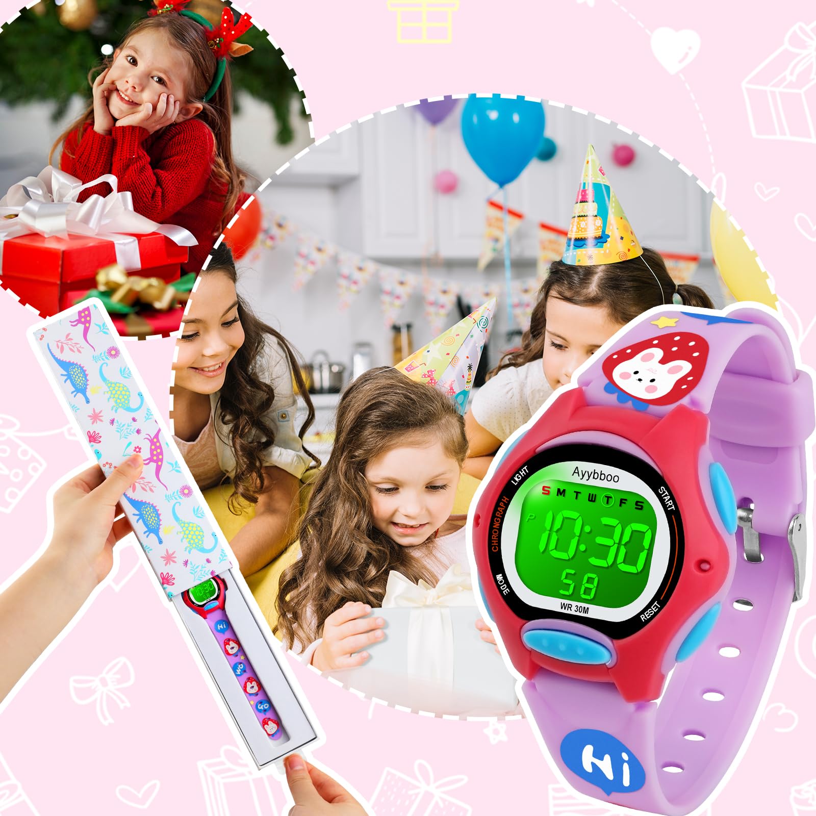 Kids Watch Digital with Cartoon Band, Colorful LED Lights 30M Waterproof, Alarm Clock, Sport Watch with Stopwatch, Cute Child Presents for Girls Boys Ages 5-12