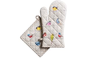 Maison d' Hermine Oven Mitt + Pot Holder 100% Cotton Heat Resistant Kitchen Oven Gloves (7.5"x13") & Hot Pads (8"x8") for Gifts, Chef, Women & Men Parties, Birdies On Wire - Spring/Summer