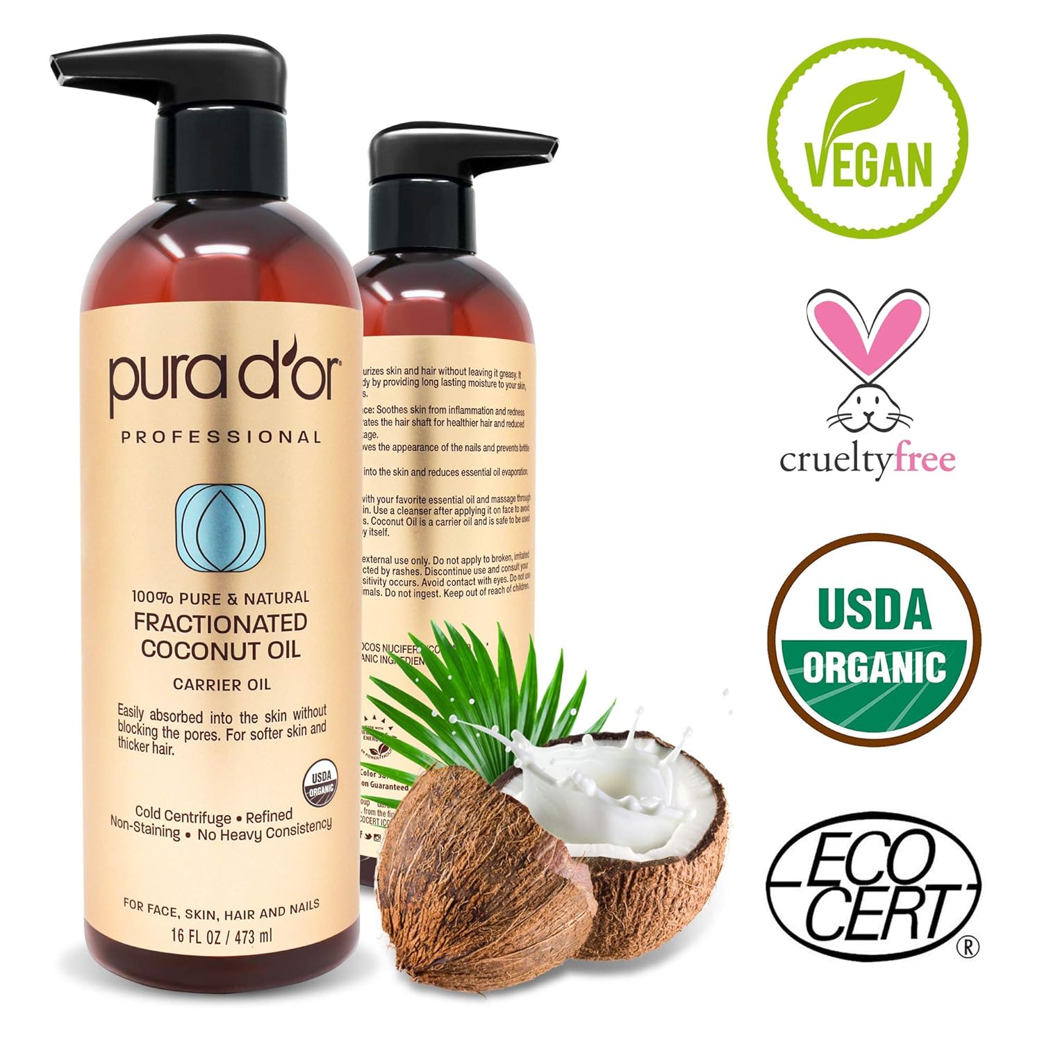 PURA D’OR Organic Fractionated Coconut Oil (16oz / 473ml) USDA Certified 100% Pure & Natural MCT Oil Sustainably Sourced Hexane Free Moisturizing Carrier Oil For Face, Skin & Hair (Packaging may vary): Beauty