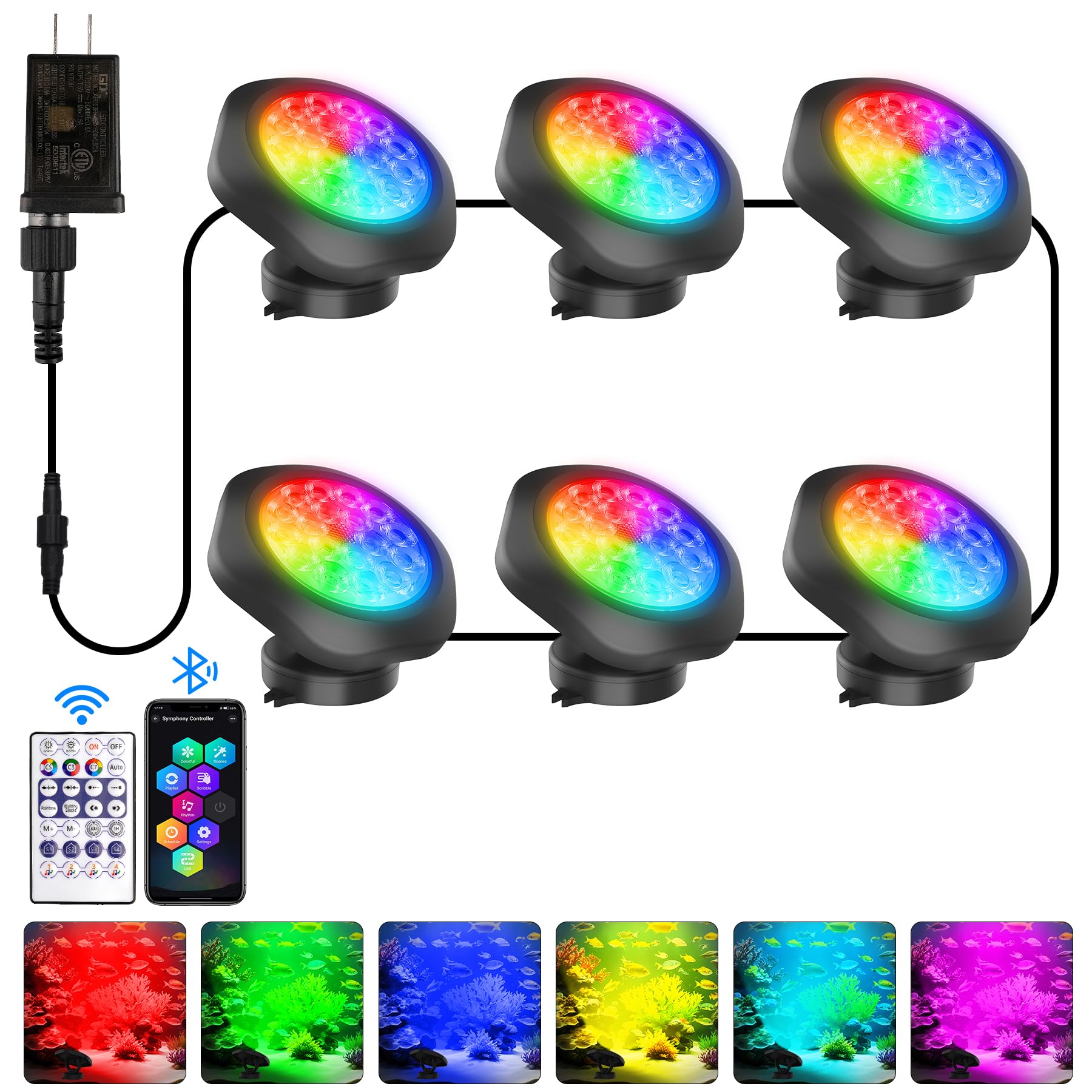 Photo 1 of T-SUN Colored Pond Lights with APP and Remote Control – Bright LED Underwater Submersible Fountain Lights, IP68 Waterproof Landscape Spotlight for Garden Koi Pond Aquarium Fish Tank (6-Head)