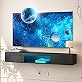 Floating TV Stand Wall Mounted with Power Outlet, Modern Floating Entertainment Center for 70 Inch TV, High Gloss Floating TV Shelf with LED Lights for Living Room, Bedroom, Black
