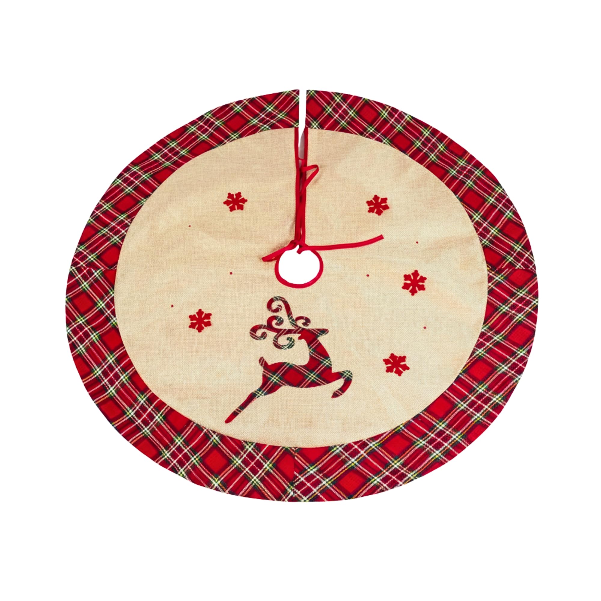 86cm Reindeer Christmas Tree Skirt, Burlap Hessian Linen Xmas Tree Base Cover with Snowflake Printed Design, Hook and Loop Fastening, Decorative Floor Mat for Holiday Home and Festive Decorations