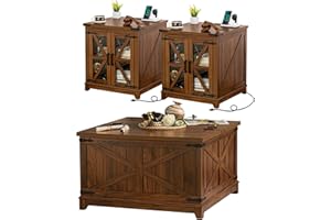 Joaxswe Farmhouse Coffee Table Set, 3 Pieces: Large End Side Tables with Charging Station and Coffee Table with Hidden Storage Compartment, Brown Wood Furniture Sets for Home Office