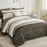 Drucon Comforter Set Queen Size 7 Piece Bed in a Bag Brown Warm Fall Striped Bedding Set Soft Microfiber Comforter and Sheet Set for All Season (Queen, 90"x90")