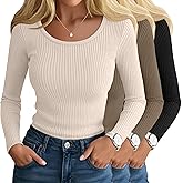 Ficerd 3 Pack Women's Ribbed Long Sleeve Tops Scoop Neck Slim Fit Shirts Cotton Casual Fall Going Out Basic Tee