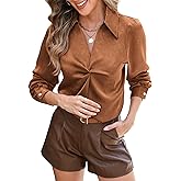 Long Sleeve Satin Blouses Shirts for Women Dressy Casual- Womens V-Neck Collared Business Work Outfits Top Fall Fashion