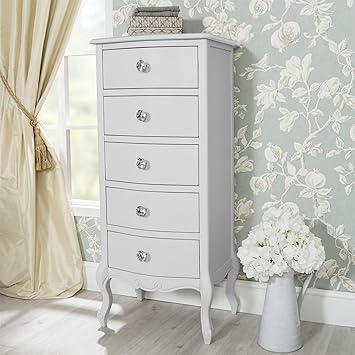 Juliette White Narrow Chest French Tallboy With 5 Drawers And