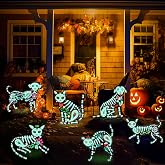 6PCS Day of The Dead Outdoor Decorations Yard Signs Glow in The Dark | Cat Dog Skeleton Yard Lawn Signs for Dia De Los Muertos Spooky Halloween Patio Garden Decorations