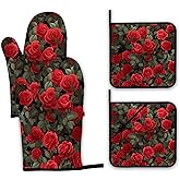 Red Rose Oven Mitts and Pot Holders Set,Kitchen Oven Gloves and Pot Holder with Heat Resistant Non Slip for Cooking Baking Grilling(4 Piece Set)