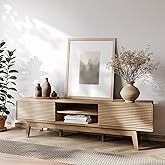 TOLEAD 59" TV Console, Mid Century Modern Media Console for 55/60/65 Inch TV, Low Profile TV Stand with Fluted Sliding Doors, Boho Light Wood Credenza for Living Room, Oak