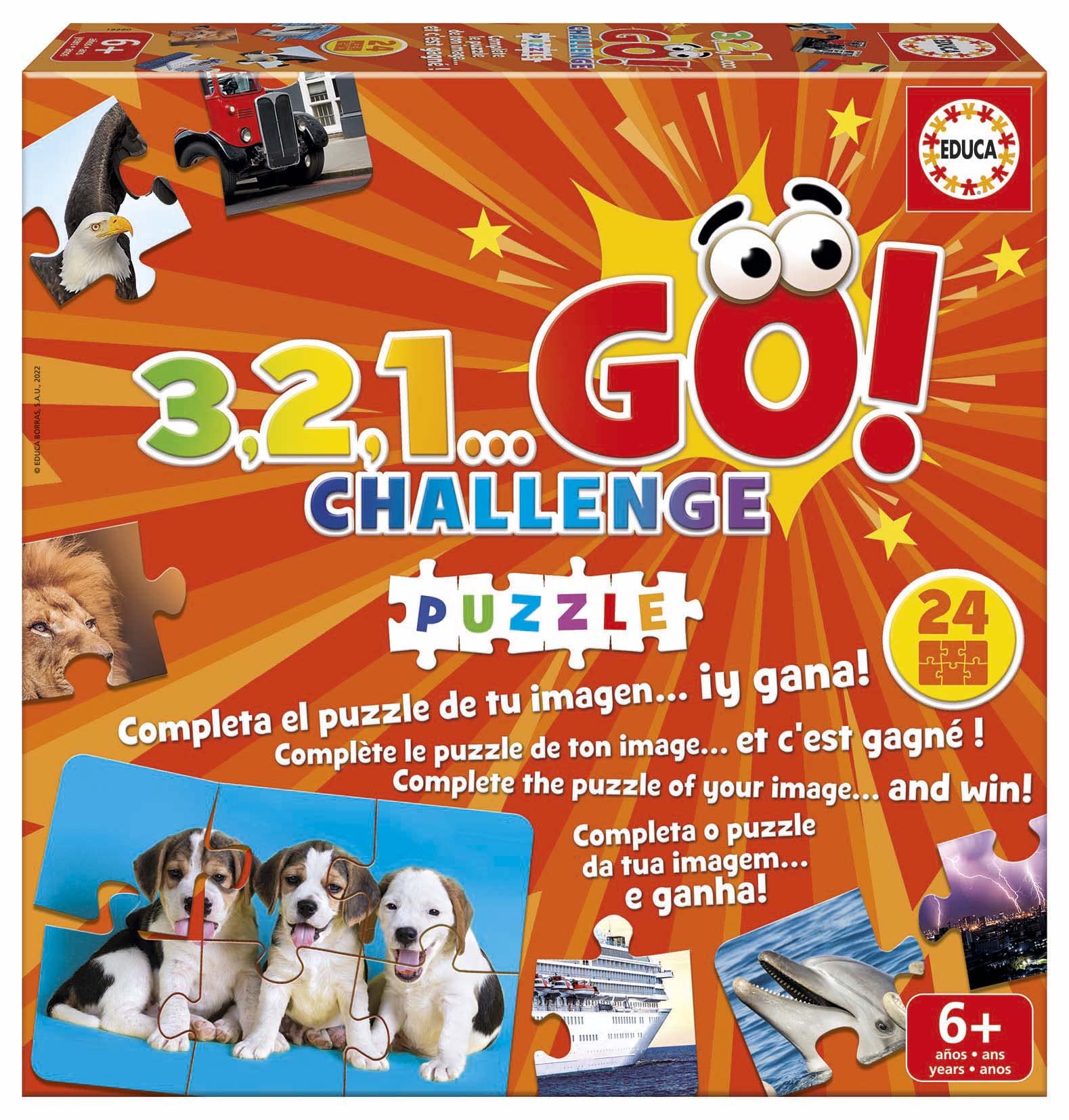 Educa - 3,2,1. GO Challenge Puzzle | If you are agile and fast it will cost you Nothing to be the First to complete the Puzzle, Includes 24 6-Piece Puzzles | From 2 to 5 Players, From 6 Years (19390)