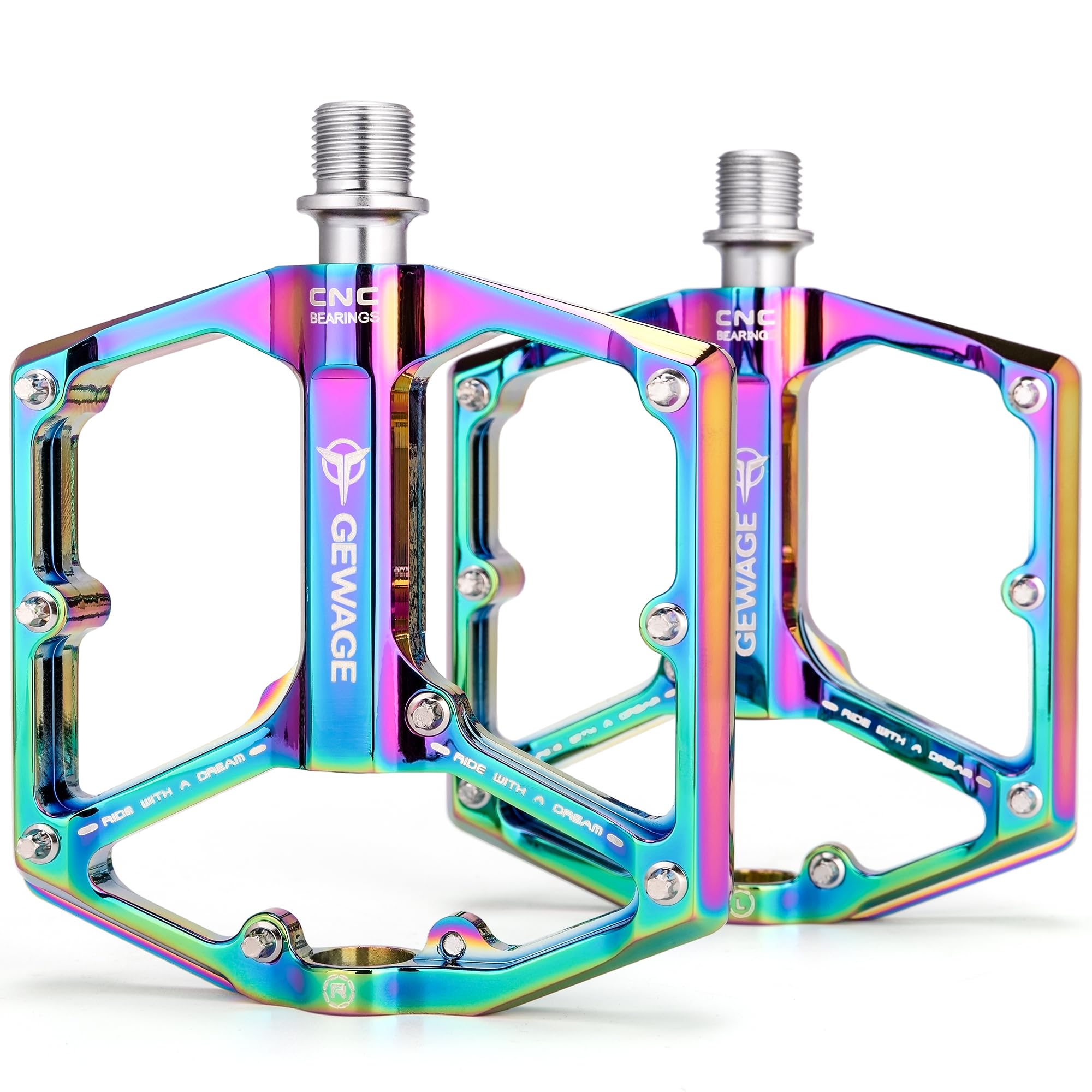 GEWAGE Road/Mountain Bike Pedals - 3 Bearings Bicycle Pedals - 9/16” CNC Machined Flat Pedals with Removable Anti-Skid Nails (Colourful)