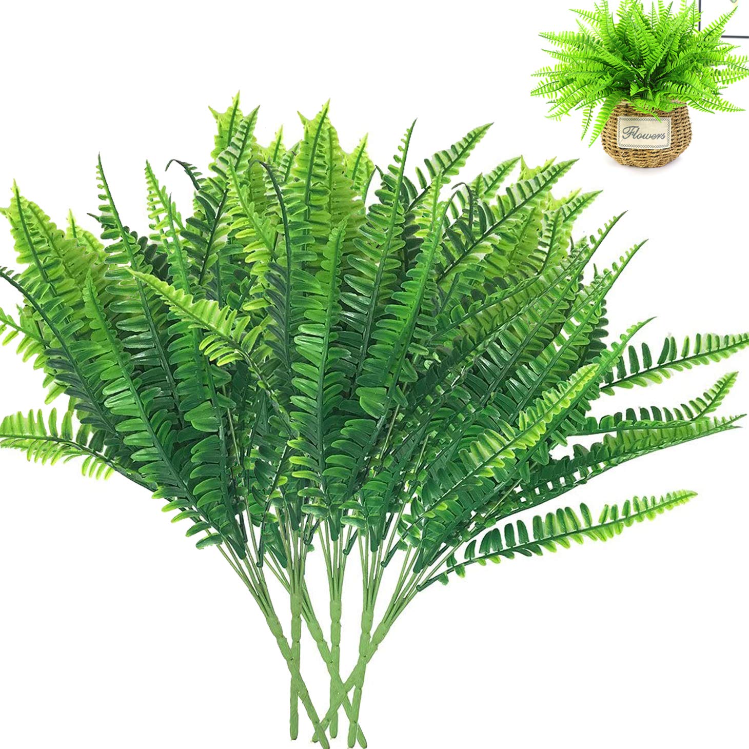 BITEFU Artificial Plant Persian grass Fern Fake Plants Green Plastic Plants Decor Indoor Outdoor Hanging Basket Filler 6 bunches 7 Fork Persian Fern