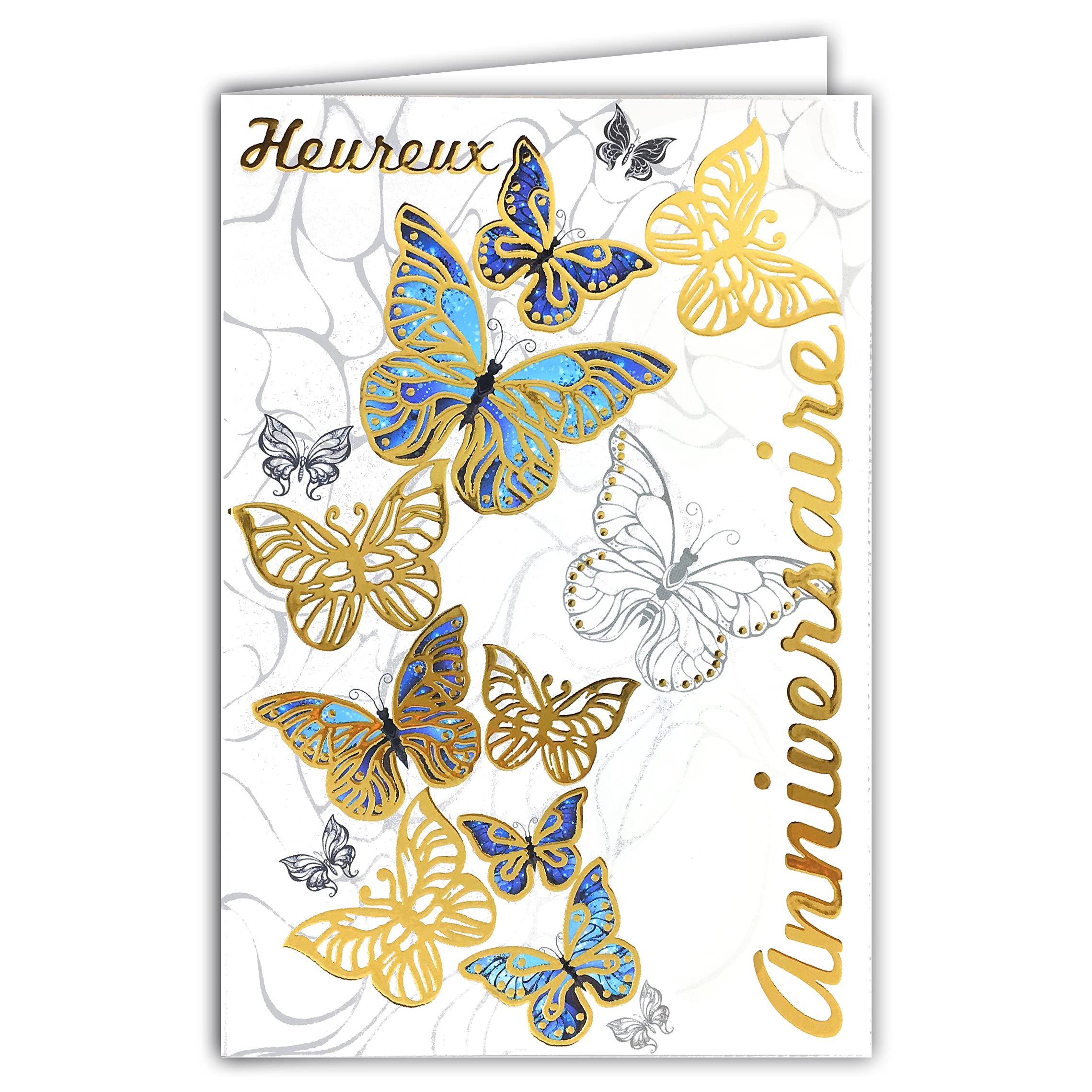 Happy Birthday Card Blue Butterflies Black and Gold Party Wish Shiny Chic Fashion Decoration