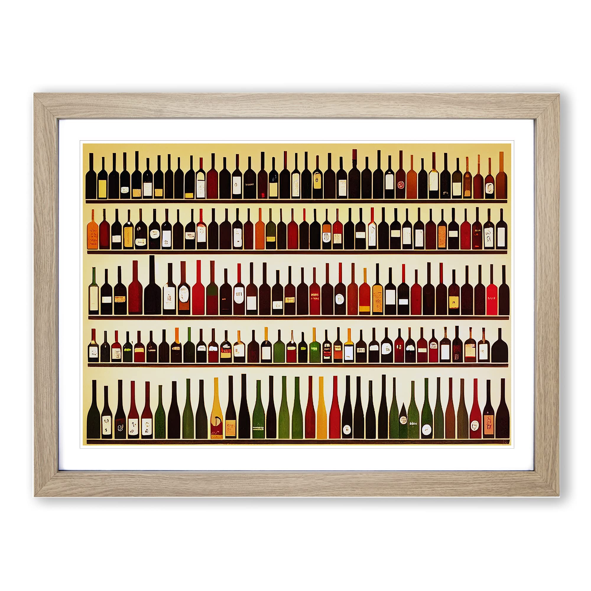 Wine Bottle Art Retro Vol.1 Framed Print | A3 Oak Framed Wall Art | Ready to Hang | Retro Food Picture | Living Room Bedroom Lounge Office