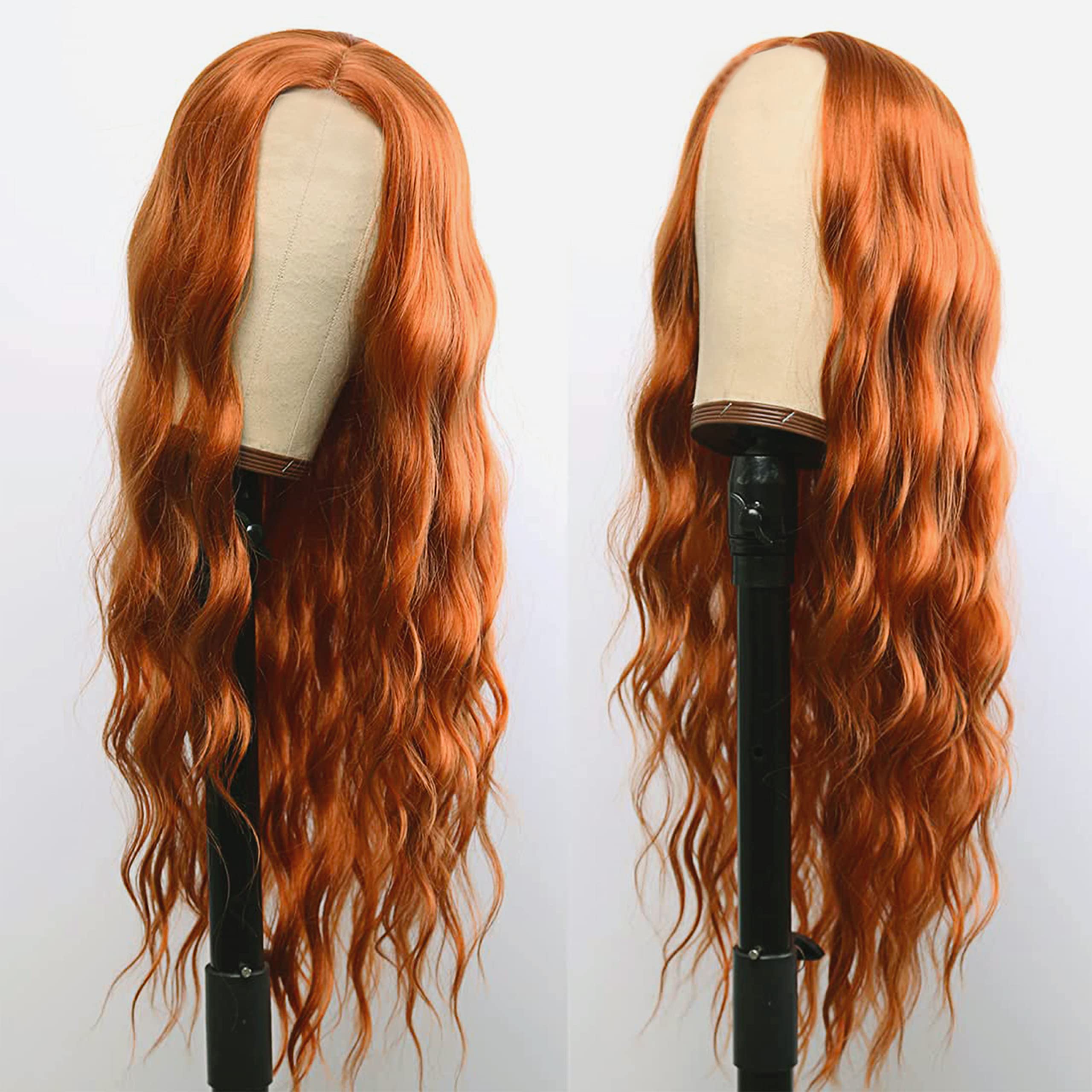 MEIRIYFA Long Wavy Orange Wigs for Black Women, 27" Middle Part No Bangs Long Water Wave Wig Synthetic Hair Wigs Party Halloween Cosplay Wig