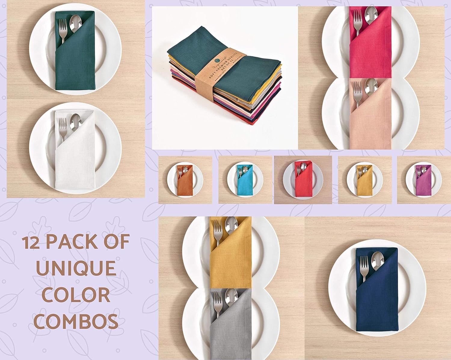 FINGERCRAFT- Dinner Cloth Napkins, 18X18 Natural Cotton Linen Fabric, Set of 12 Pack Premium Quality Mitered Corners for Every Day Use, Napkins are Pre Shrunk and Good Absorbency Multi Color: Home & Kitchen