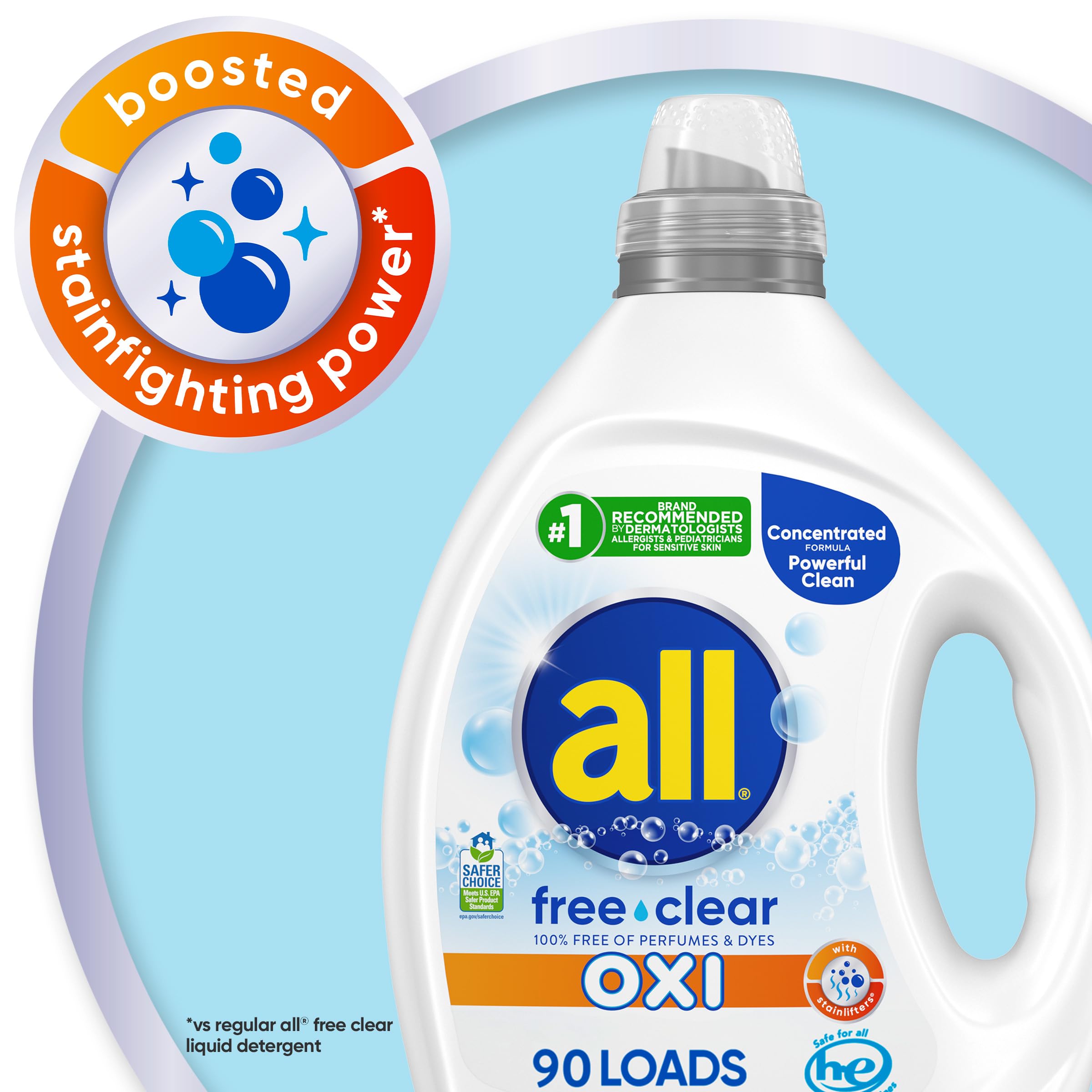 all Liquid Laundry Detergent, Free Clear for Sensitive Skin with OXI, Unscented and Hypoallergenic, 2X Concentrated, 90 Loads
