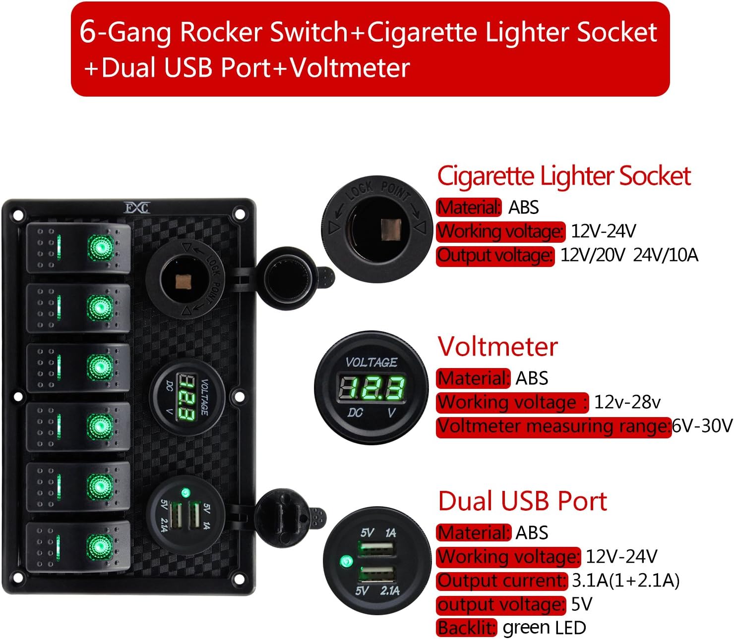 FXC Waterproof Marine Boat Rocker Switch Panel 6 Gang with Dual USB Slot Socket + Cigarette Lighter + Digital Voltage Display LED Light for Car Rv Vehicles Truck (6 Gang Green Light) : Sports & Outdoors