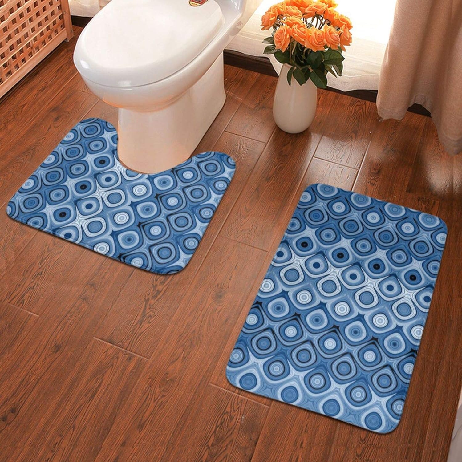 Blue Seamless Geometric Toilet Mat U Shaped Set NonSlip Durable