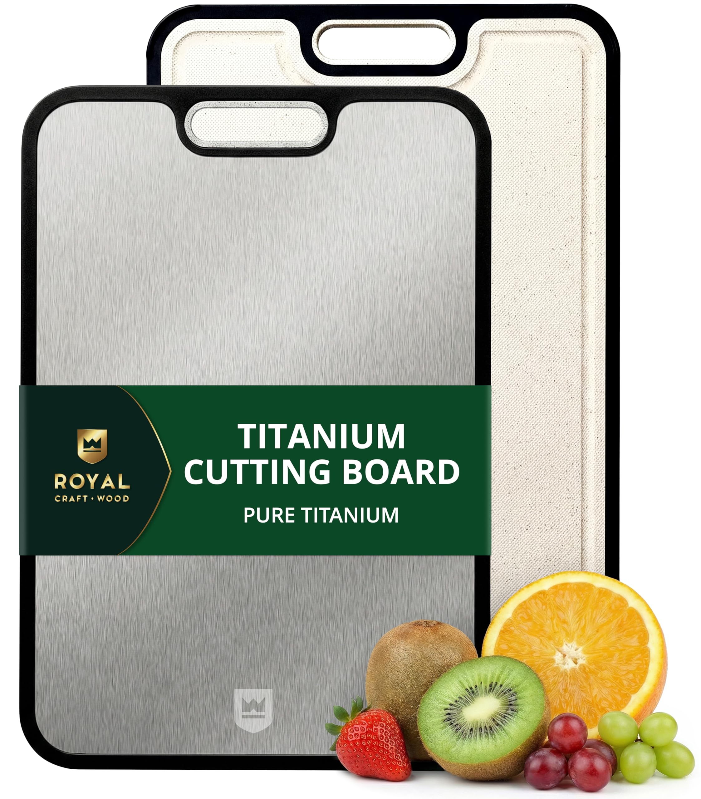ROYAL CRAFT WOOD Cutting Boards for Kitchen - Titanium Cutting Board, Double Sided Cutting Board, Pure Titanium & PP, Large Metal Chopping Board with Juice Groove for Meat, Easy to Clean, 15”×10.4” Image
