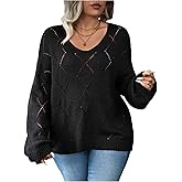 BEAUDRM Women's Plus Size Hollow Out Pullover Sweaters Long Sleeve Lightweight Loose Casual Top Knitwear