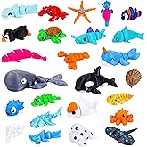 ResinGlow 25PCS 3D Printed Sea Animals Toys, Articulated Mini Ocean Animal Figures, Flexible Fidget Toys for Kids, Cute Desk Decoration Birthday Party Favors Gifts