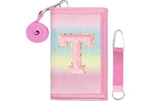 SiorVeol Girls Wallet for Kids Initial Glitter Wallets Trifold with Zipper and Card Slots Including Neck Lanyard and Hanging Strap, Rainbow with Stripes, T