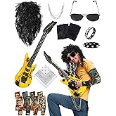 Mepase 12 Pcs 80s Rocker Costume for Men Including Hippie Wig, Sunglasses, Pants Chain, Bracelet, Headband, Tattoo Sleeve, Biker Glove and Guitar Props Punk Party Accessories