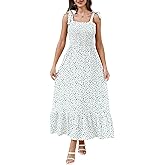 DERAX Womens Floral Boho Maxi Dress Tie Strap Square Neck Smocked Ruffle A Line Beach 2026 Summer Long Dresses