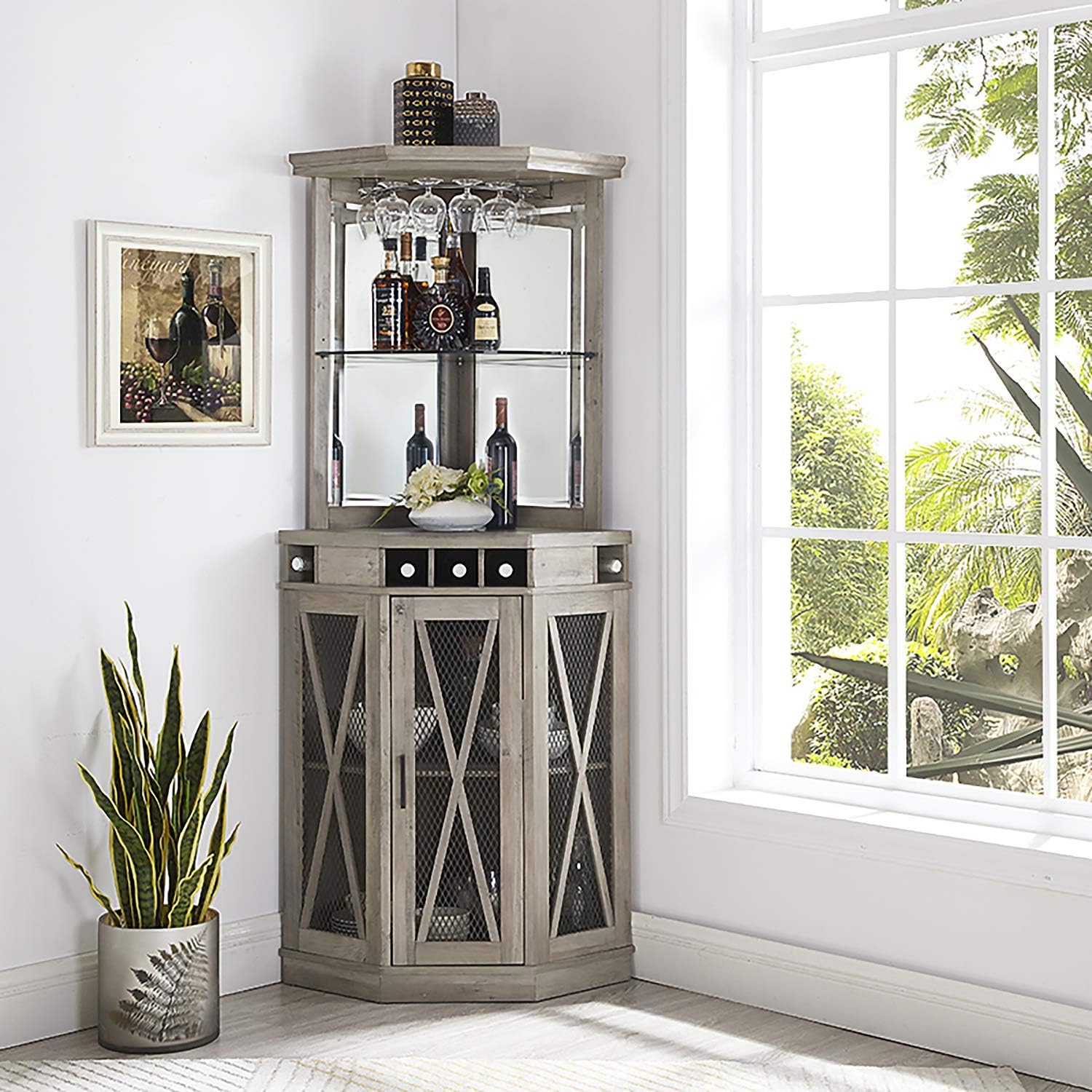 Home Source Corner Bar Unit with Built-in Wine Rack and Lower Cabinet (Stone Grey)