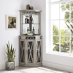 Home Source Corner Bar Unit with Built-in Wine Rack and Lower Cabinet (Stone Grey)