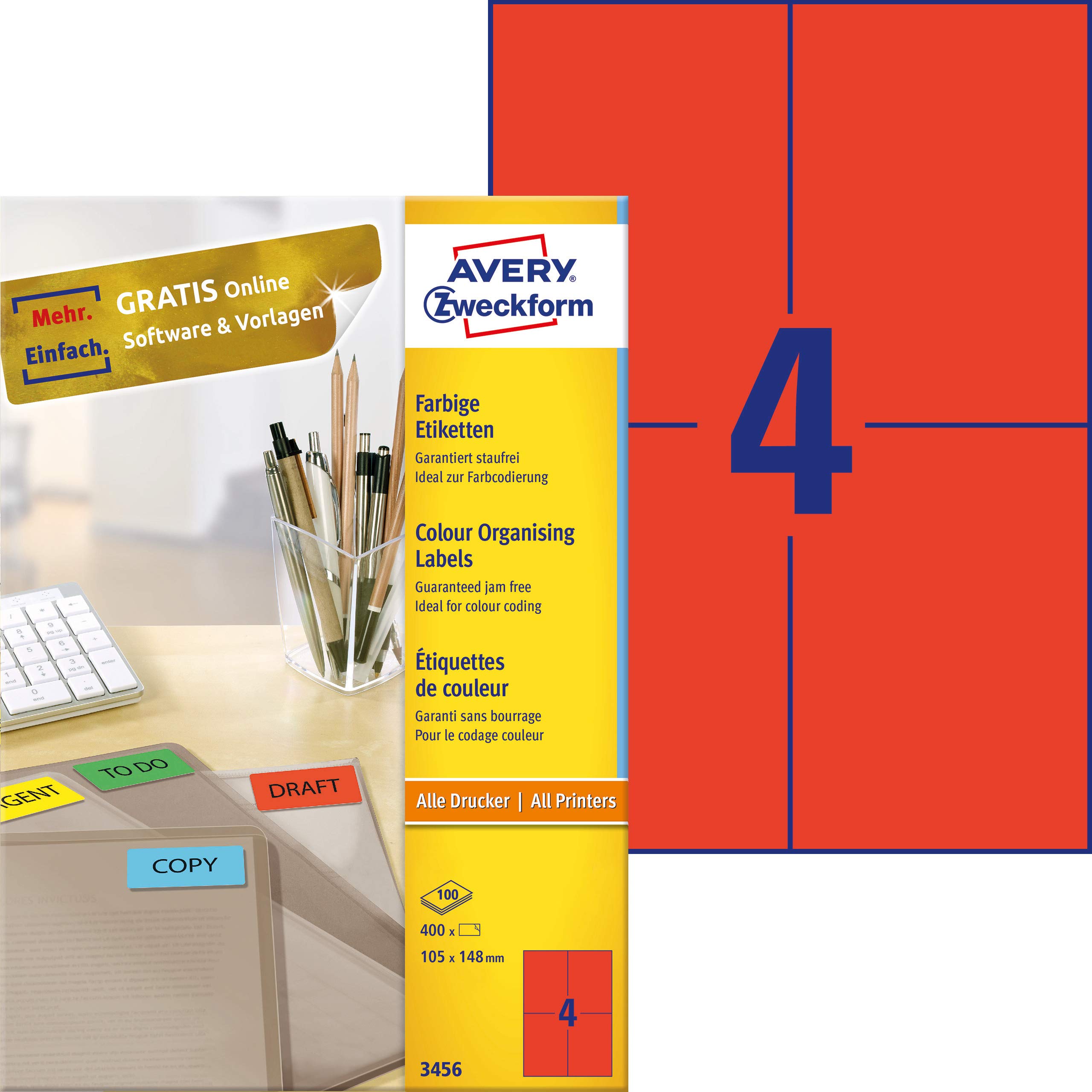 Avery Coloured Labels, Red, 105 x 148 mm - printer labels (Red, 105 x 148 mm, Self-adhesive printer label, A4, Red, Paper, Laser/Inkjet, Permanent)